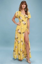 NWT Lulus Heart of Marigold Dress Women S Yellow Floral Wrap Maxi Tropical
