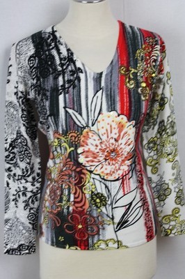 LUXUS Damen Pullover Oberteil Streifen  Blumen  Perlen Viskose IMAGINI Gr.38,40