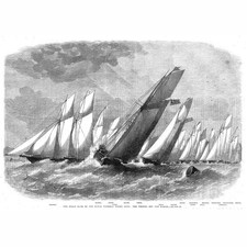 Ocean Race of the Royal Victoria Yacht Club off the Noman - Antique Print 1863