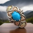 Vtg Coleman Black Hills Gold Turquoise 12K Tri-Color Sterling Silver Ring Sz 9