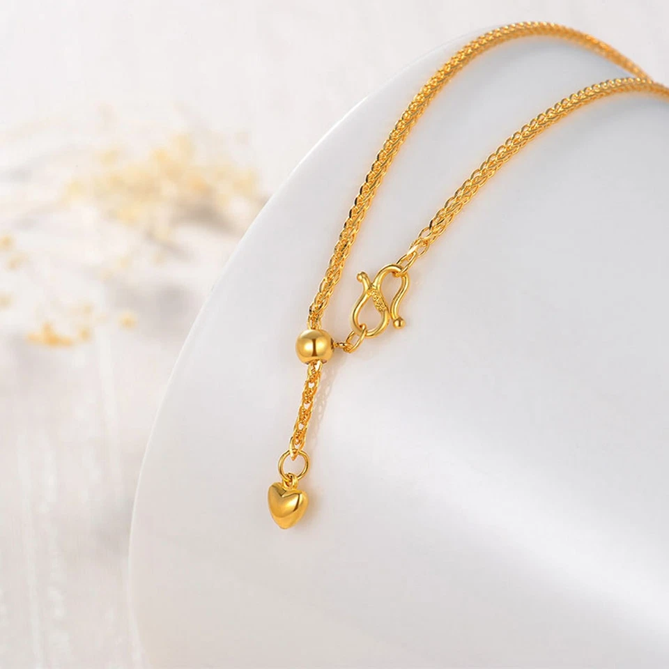 1PC Pure 999 24K Yellow Gold Chain Heart Bead Wheat Adjust Bracelet Anklet 1.7g - Image 3 of 4