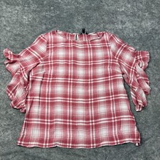 Chaps Top Womens XXL Pink White Plaid Bell Sleeve Ruffle Boho Tunic