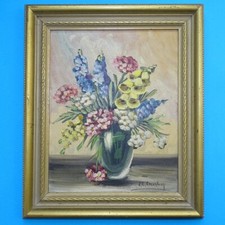 Original Floral Still Life Oil Painting Signed Janet Greenleaf C1940s 12.5x10.5