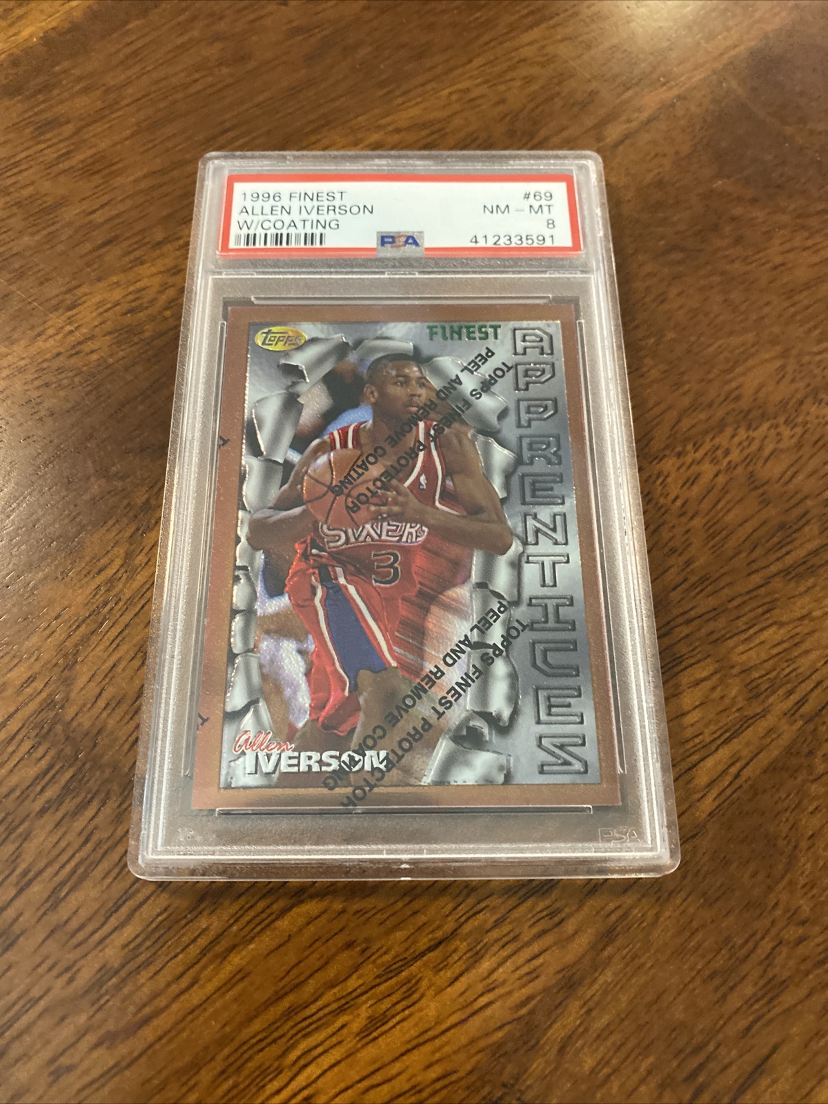 1996-97 TOPPS FINEST WITH COATING RC ROOKIE ALLEN IVERSON PSA 8 #69 PHILLY 76ers
