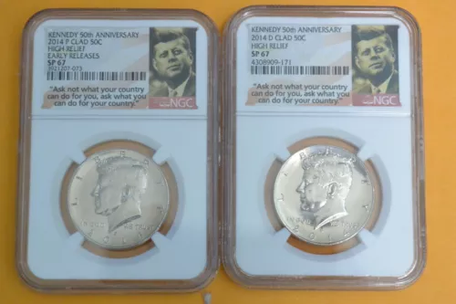 2014 P&D Clad 50c High Relief Kennedy 50th Anniv Set NGC SP67/SP67