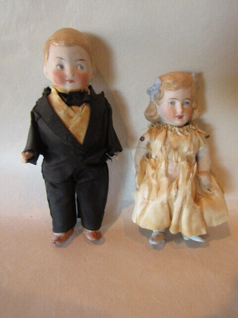 Pair Antique All Bisque Dolls Molded Hair Boy Doll Baby or Boy 