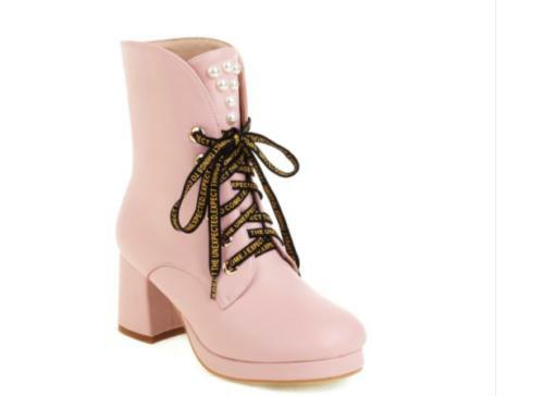 Para mujeres Tacones de bloque Con cordones Perla Dulce Plataforma Botines de vestir Zapatos de vestir Plus Talla - Imagen 2 de 12