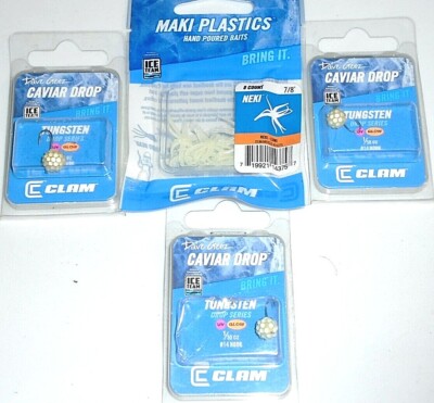 Clam 1/1/50 & 1/20 Glo Tungsten Caviar Drop Jigs w/Neki Lumi Trailers