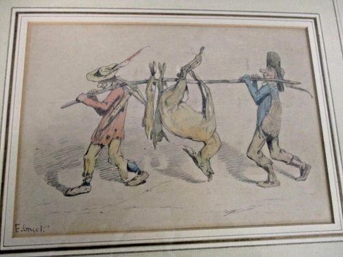 PINTURA ERNEST GRISET ACUARELA de DOS HOMBRES LLEVANDO CIERVO PINTURA FIRMADA ORIG. - Imagen 2 de 5
