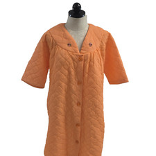 Vintage 60s Tangerine Coral Quilted Robe Housecoat Pockets Size M 3/4 Sleeve