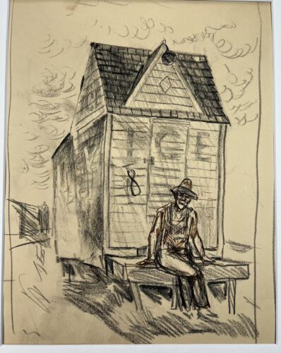 Depression Era WPA Drawing Man w/ Pipe Sitting Outside Ice House Vtg Art 20x16” - Picture 1 of 15