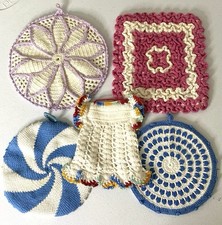 VTG Lot 5 Hand Crocheted Hanging Kitchen Pot Holders/Trivets 5"- 7  Multicolor