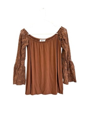 Vava by Joy Han - Brown Long Lace Bell Sleeves Off the Shoulder Top Size Small