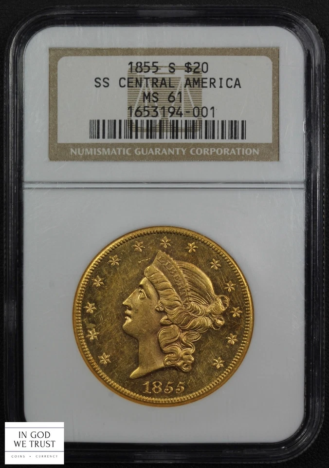 Naufragio 1855 S SS Centroamérica $20 Liberty Head Oro Doble Águila NGC MS 61 Foto 2 de 4