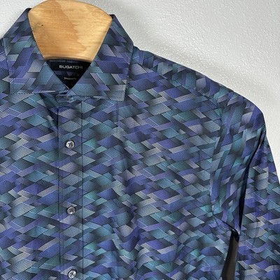 Bugatchi Shaped Fit Shirt Men's Sz Large Purple Blue Pattern Flip Cuff Button Up