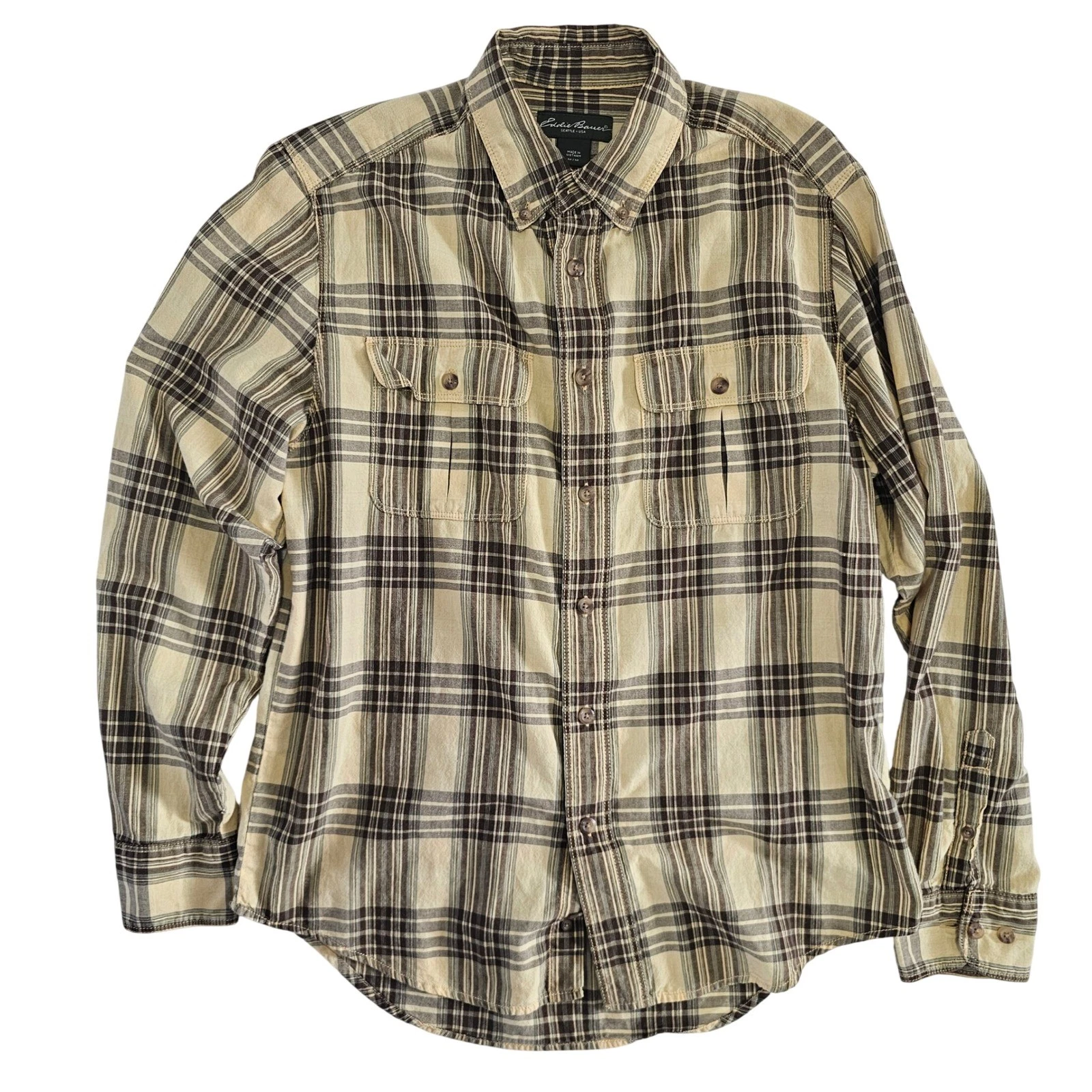 Eddie Bauer Mens Medium Plaid Button Down Shirt Tan Brown Long Sleeve Utility M
