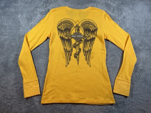 NWT Women’s L Citrus Yellow Thermal Harley Davidson Shirt Janesville WI NOS - Picture 6 of 7