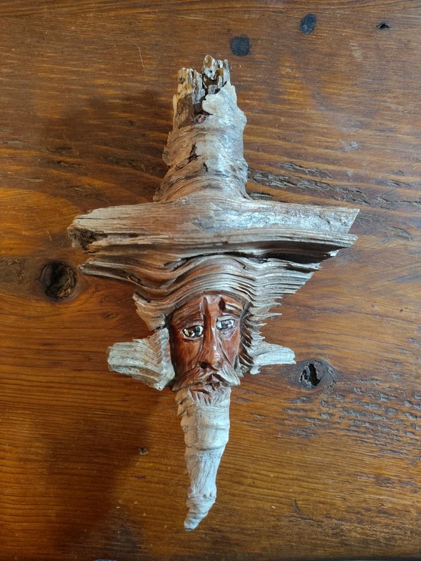 Whistling Wind Man/Cross Carved Wood Figure