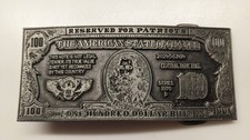 Vintage Belt Buckle "Reserved for Patriots" 100 dollar bill 1974 Lewis Buckles