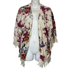 UMGEE USA Floral Fringe Trim Cream Oversized Boho Kimono Jacket Cardigan sz M