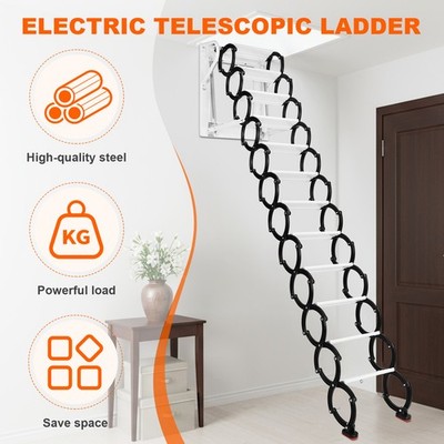 Electirc Attic Ceiling Ladder with 2 Handrails Telescopic Attic Ladder 12 Steps