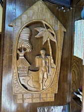 Vintage Wood Carved Islander Thatch Hut Scene Wall Hangers