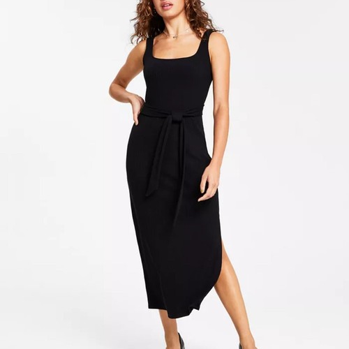 Bar III Women's Square-Neck Tie MIDI Dress – Deep Black, Size Large - Picture 2 of 4