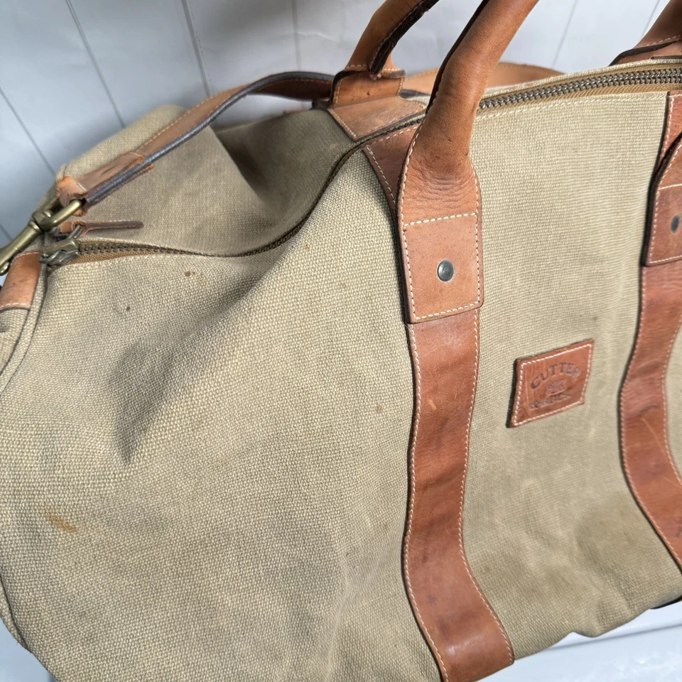 Vintage Cutter & Buck Heavy Duty Canvas Duffel Weekender Bag Tan Leather Strap - Image 3 of 4