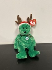 Ty Beanie Baby 2002 Holiday Teddy the Bear Green Plush Retired Mint Antlers