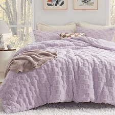 Fluffy Queen Comforter Set, Light Purple Plush Fleece Bed Set, Checkered