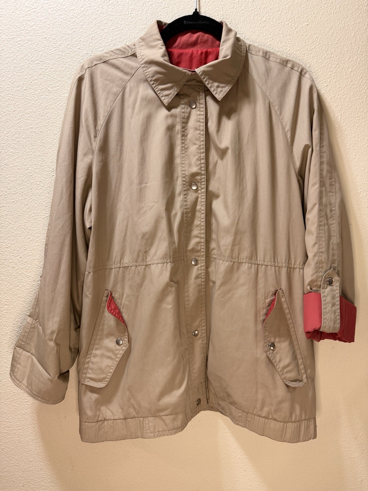Vintage London Fog Zip Button Khaki Red Rain Coat Hood Pockets Jacket Women’s 14