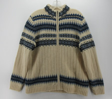 VINTAGE Lands End Sweater Women Large White Cream Wool Cardigan Nordic Fair Isle