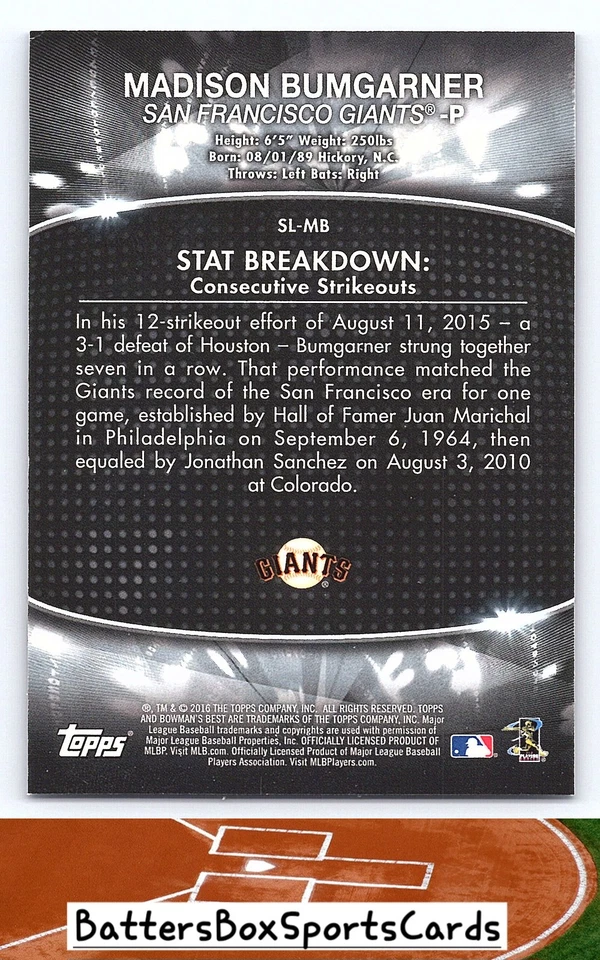2016 Bowman's Best #SL-MB Madison Bumgarner Stat Lines - Image 2 of 2