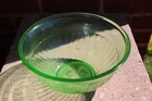 Vintage Hazel Atlas Green Ribbed Mixing  Bowl Vaseline Uranium Glass 9x4.5"