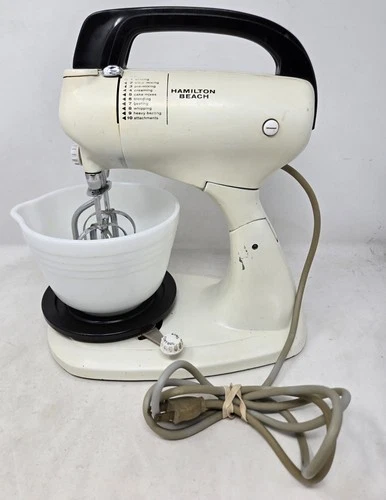 Vintage Hamilton Beach Mixer Model G with Pyrex Milk Glass Mixing Bowl Tested