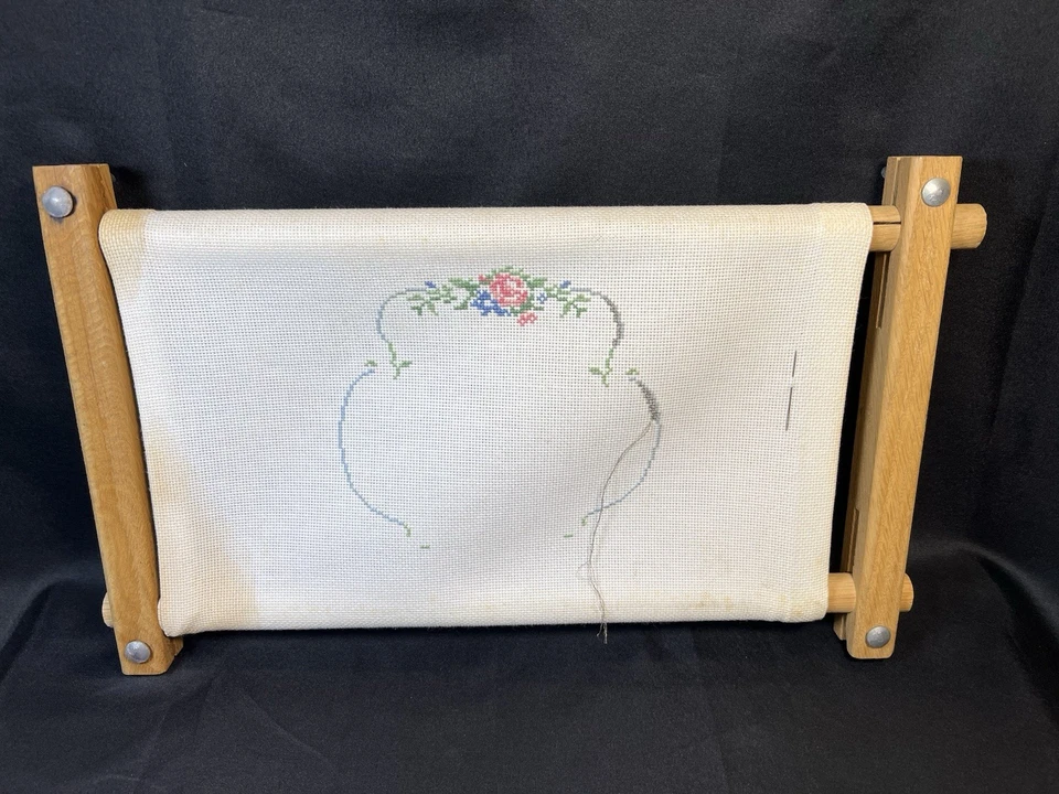 Vtg Needlepoint in Progress 14.75x9.2" Wood Embroidery Frame Scroll Lap Tapestry - Image 2 of 4