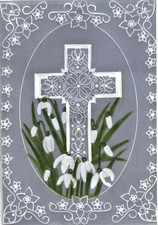 Original parchment craft card Beautiful embossed cross amongst the snowdrops