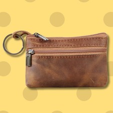 Brown Genuine Leather Small Coin Holder Change Purse Zipper Key Card Wallet