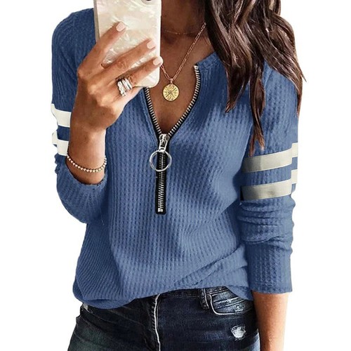 Mujeres Damas Informal Cuello en V Manga Larga Rayas Cremallera Camiseta Blusa Suelta Prendas para el torso - Imagen 16 de 18