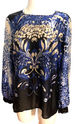 eR L'alta Moda Floral Satin Blouse Blue Long Sleeve Size 44 Sequin Accent Cuff