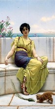 Playful kitten J. Godward girl woman cat Tile Mural Backsplash Marble Ceramic