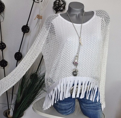 NEU LINDSAY ITALY OVERSIZED LEGERE FRANSEN NETZ BLUSE SHIRT WEIß 36-40