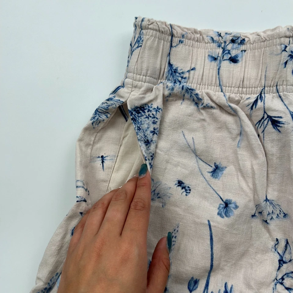 Pantalones Cortos H&M Crema/Rosa Azul Lino Mezcla Viscosa Tiro Alto Cintura Elástica Talla XS Foto 4 de 4