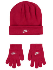 Girls Nike Logo 2 Pc Rush Pink Cuffed Beanie Hat  Glove Set Pink NWT OSFM