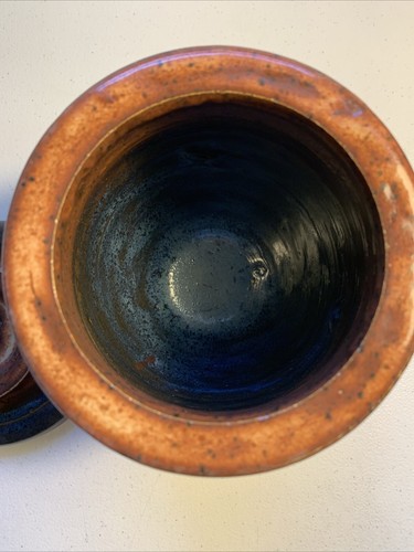 Keramik handgeworfen signiert FRÜHLING Topf mit Deckel glasiert Urne braun mit blauem Farbton - Bild 6 von 13