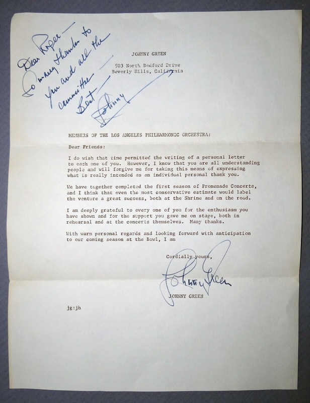 Signed letter from Johnny Green - Songwriter_Composer_Arranger, etc. (1908-1989)