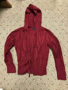 red hooded cardigan