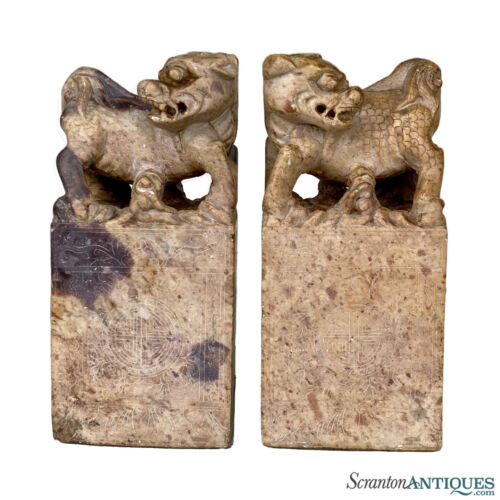 Antique Chinese Soapstone Carved Foo Dog Library Bookends - A Pair