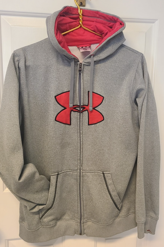 Under Armour Womens Hooded Jacket Gray Pink Fleece Long Sleeve Full Zip Size LG