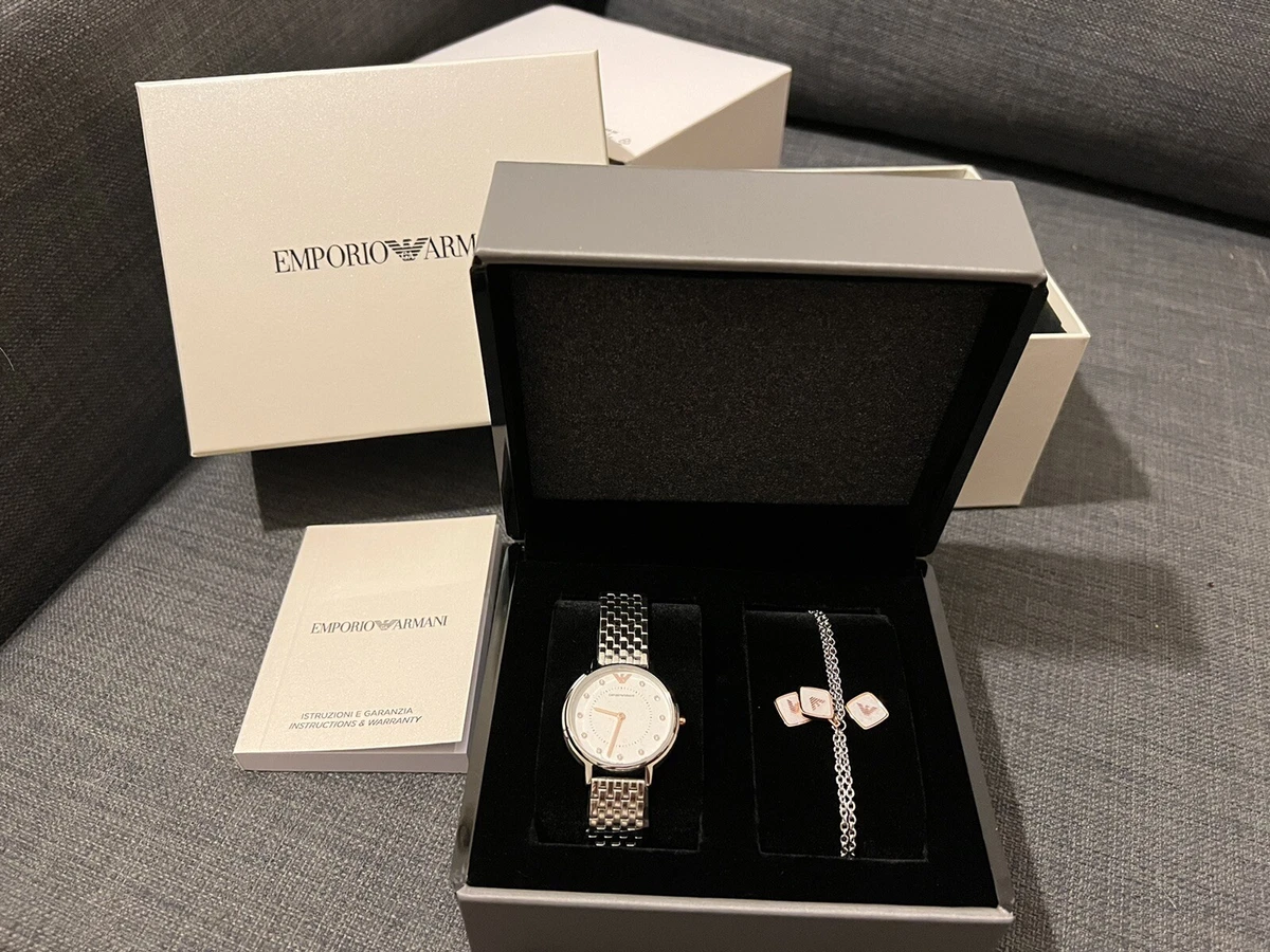 Emporio Armani Ladies Two Hand Stainless Steel Watch Gift Set NIB